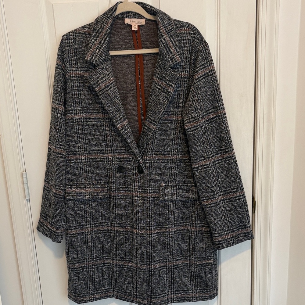 Philosophy Lightweight Black Grey Rust Plaid Double Breasted Coat Sz M